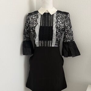 Self-Portrait Black and White Lace Dress with Bell Sleeves